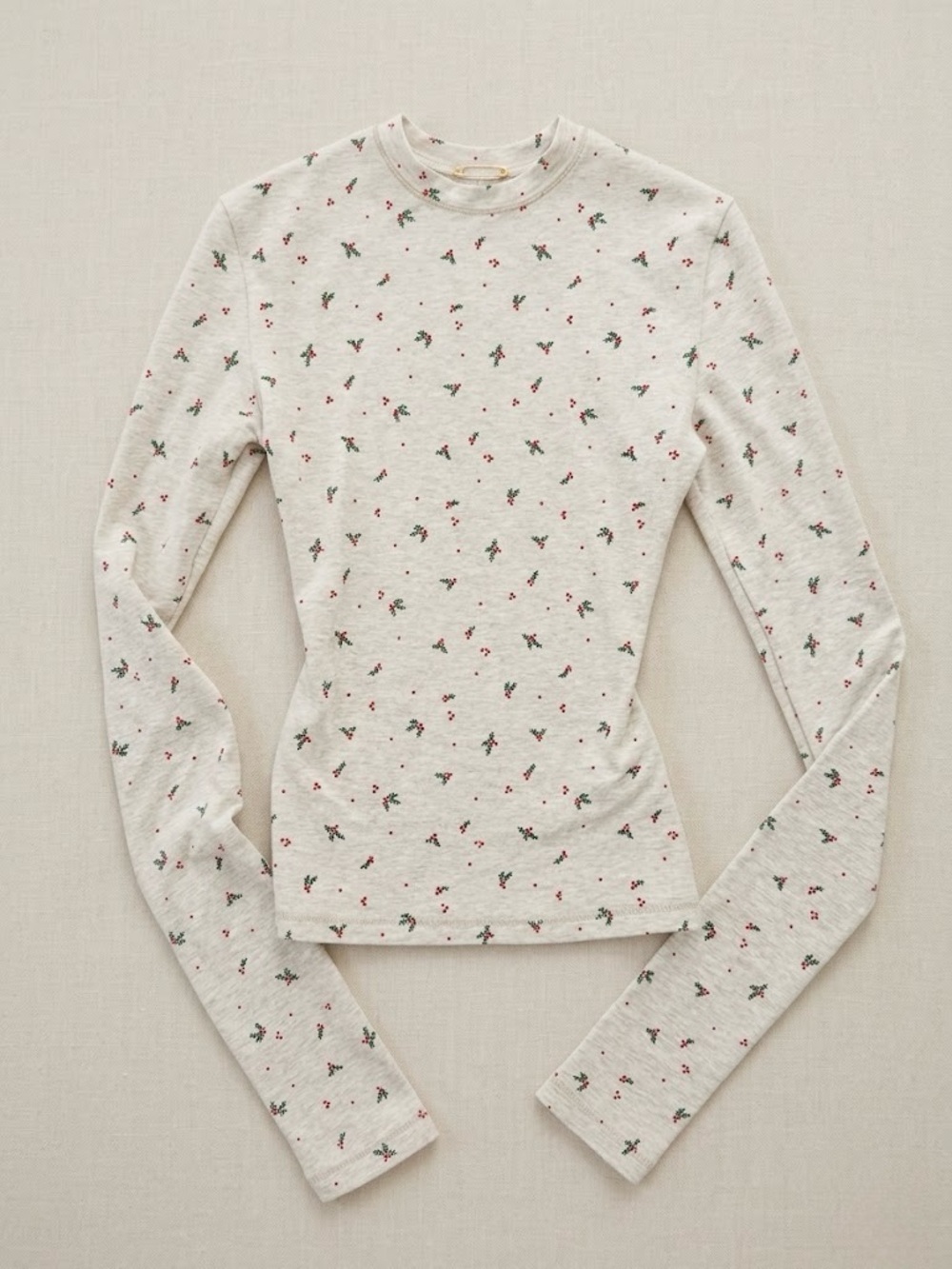 NWT Skims Cotton Jersey Long Sleeve T-Shirt Oatmeal Holly Print Size XXS Dainty